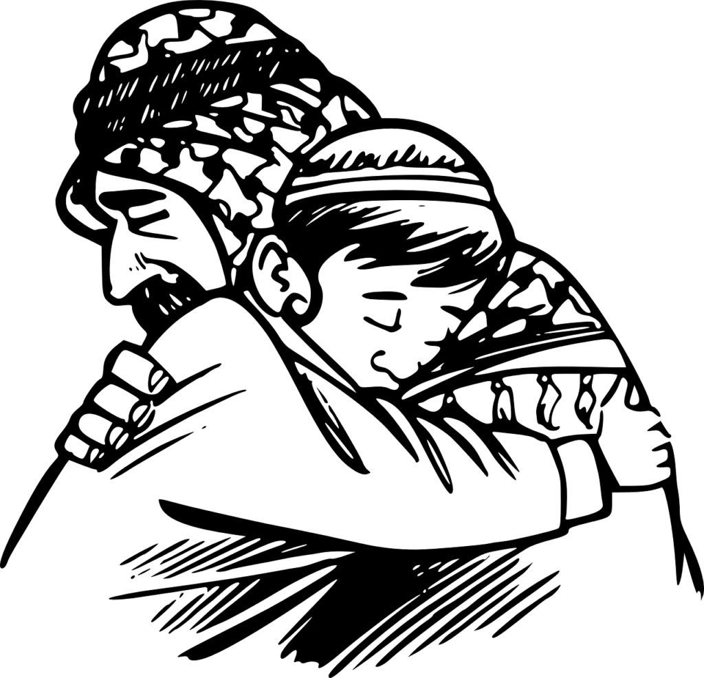 deux hommes embrassés, illustration noire et blanche stylisée