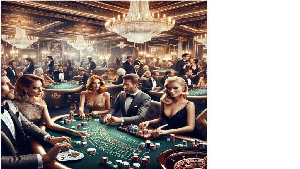 scène de casino luxueux avec acteurs élégants jouant à la roulette et aux tables de jeu