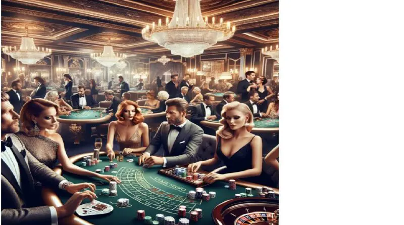 scène de casino luxueux avec acteurs élégants jouant à la roulette et aux tables de jeu