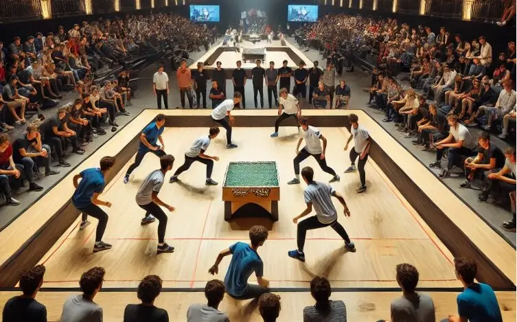 reconstitution du jeu du billard de squid game avec joueurs et spectateurs