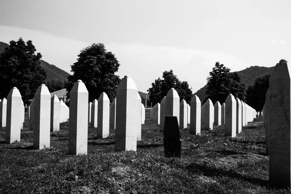 Black and white photo of the Srebrenica Genocide Memorial Cemetery in Bosnia, showcasing rows of grave markers.